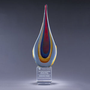 Flame-shaped custom glass trophy on grey background