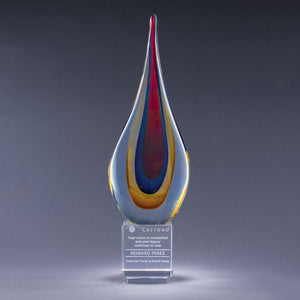 Flame-shaped custom glass trophy on grey background