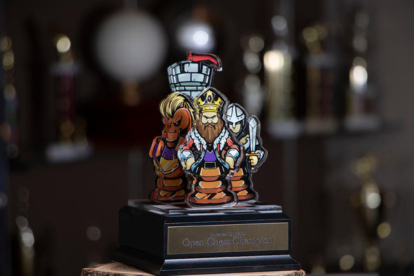 Illustrated characters on top off chess plaque award